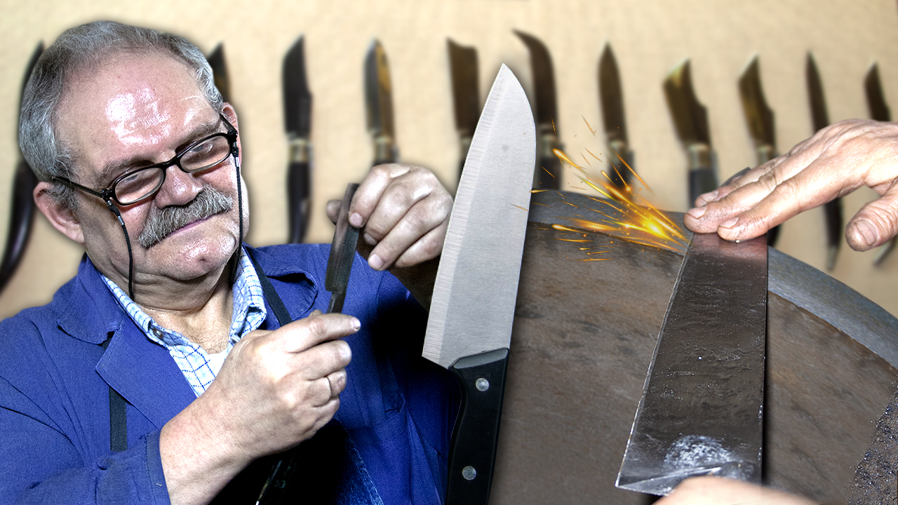 Afilador y vaciador de cuchillos, tijeras y otras herramientas de corte en un taller artesanal